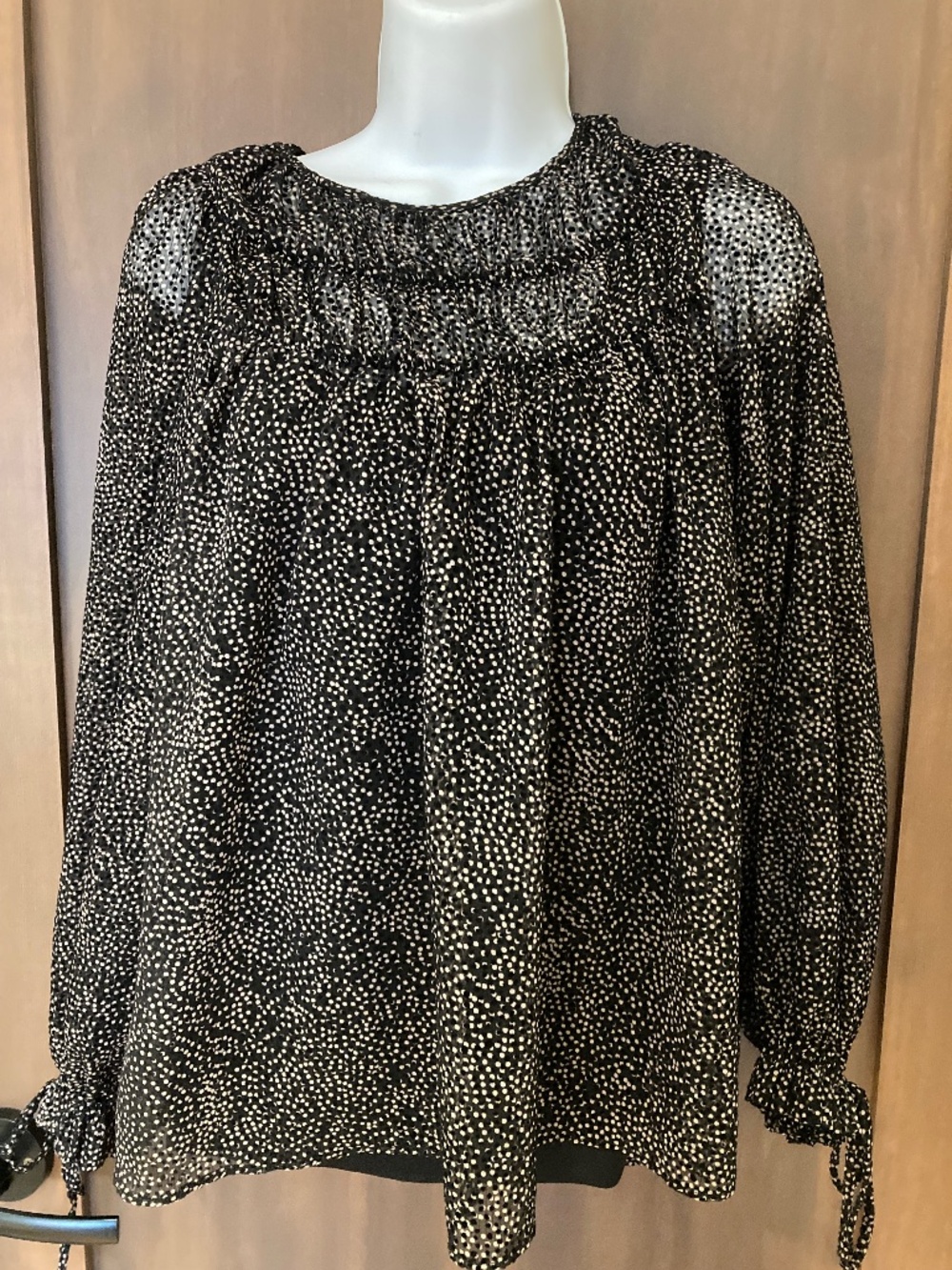 Full Long-Sleeved Black & White Polka Dot Blouse with Front Detail, Size S